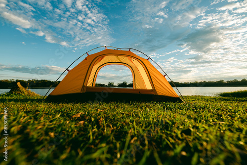 A cozy yellow camping tent pitched on lush green grass by a peaceful lakeside during golden hour. nature travel, and serene outdoor living. Ideal for themes of camping, weekend getaway,