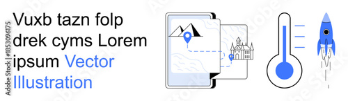 Maps, technology innovation, temperature tracking, exploration, tourism, global connections. Tablet showing a map, thermometer and rocket. Travel navigation and technology innovation concepts
