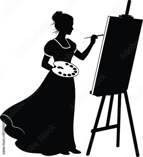 Black and White Silhouette of a Woman in a Historical Gown Painting on an Easel, Symbolizing Traditional Fine Art and Creativity.