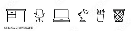 A collection of essential office supplies and furniture icons for business presentations, educational materials, and professional graphic design projects related to workplace organization