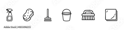 Essential household cleaning tools line icons for depicting domestic chores hygiene tasks janitorial services and facility maintenance applications