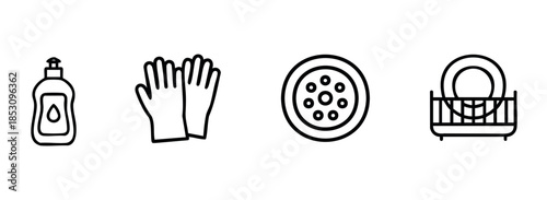 Essential kitchen cleaning supplies and dishwashing tools for maintaining hygiene and organization, perfect for household product advertisements, domestic chore guides, or cleaning service