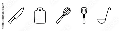 Essential kitchen tools set for culinary blogs, recipe websites, and restaurant menu illustrations, perfect for cooking enthusiasts and food preparation guides