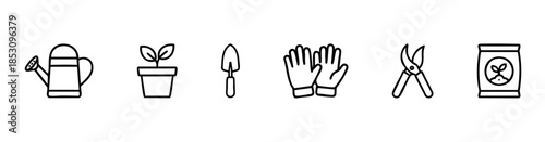 Set of gardening icons including watering can, potted plant, hand trowel, protective gloves, pruning shears, and a seed bag, useful for horticulture and agricultural media applications