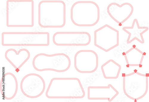 Soft blush pink outline shapes and minimal decorative icons set. Clean geometric borders with hearts, stars, arrows and badges in light pastel style. Versatile elements for UI, templates and modern