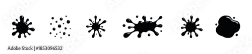 Dynamic set of glossy black liquid splashes and scattered ink droplets providing modern graphic elements for branding, digital design, and creative visual assets.