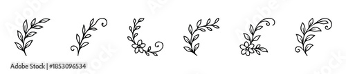 Elegant handdrawn botanical corner dividers featuring delicate leaf branches and simple flowers, perfect for enhancing wedding invitations, graphic borders, or natural themed projects.