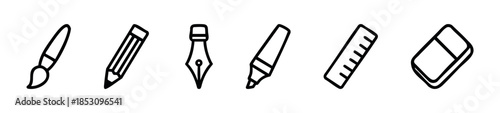 Collection of essential school and office supplies represented by simple outline icons perfect for educational materials stationery promotions or visual project needs.