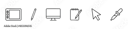 Essential graphic design tool icons with a drawing tablet, pencil, computer display, notebook with pencil, mouse cursor, and eyedropper for creative software interfaces.