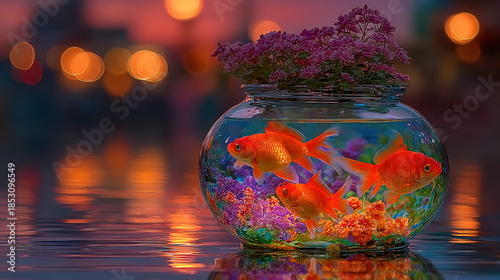 Goldfish swim in a glass bowl with vibrant flowers, city lights in the background.