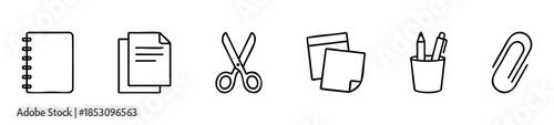 Collection of essential stationery and office supplies depicted as simple line icons perfect for business presentations educational materials or web interface applications