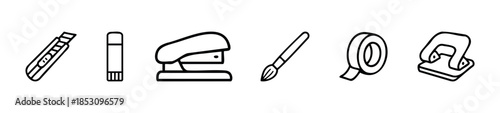 Versatile lineup of common stationery and craft tools including a utility knife, glue stick, stapler, paintbrush, tape, and hole puncher in a simple outline style for educational and hobby