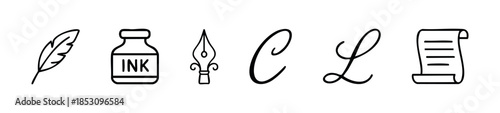 Essential collection of traditional writing implements and script letter symbols perfect for historical document references education literary content or publishing related graphics