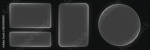 Liquid glass smartphone icon interface isolated for dark theme. White ui light frame square and circle banner with glow stroke. Control center widget for smartphone and web app, vector