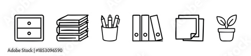 Collection of essential office stationery and workplace items represented as simple line icons perfect for business presentations educational materials and graphic design projects