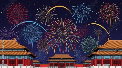 Vibrant fireworks explode above traditional chinese temple at night, colorful display of red, blue,