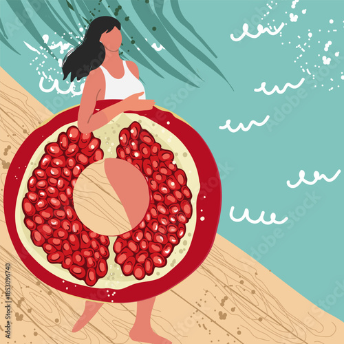 A square card with a cute girl with a float ring like a pomegranate, garnet fruit. Hand drawn flat vector illustration.