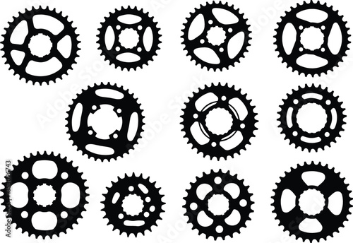 Black and White Silhouette Set of Twelve Detailed Mechanical Gears and Sprockets for Engineering, Industry, and Complex Machinery.