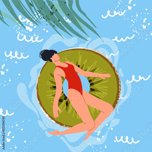 A square postcard featuring a cute girl on a kiwi-shaped float. Flat vector illustration, hand-drawn.