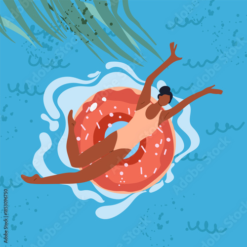 Happy woman swimming in pool water with inflatable donut ring. Top view, person on rubber doughnut. Female  on beach tube. Hand drawn vector illustration.