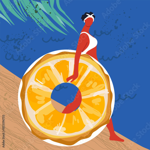 A square card with a cute girl with a float ring like an orange, mandarin or grapefruit. Hand drawn flat vector illustration.