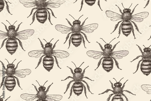 Vintage hand drawn honey bees create a classic seamless texture perfect for rustic packaging, ecofriendly textile prints, and charming stationery items.