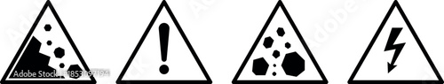 Triangular warning signs set – falling rocks general caution, dust hazard and high voltage electricity – vector