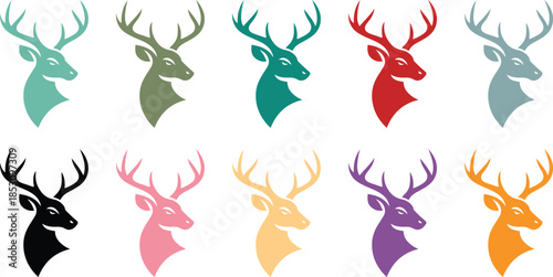 Collection of colorful deer head silhouettes, Stag head icons in multiple colors