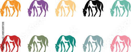 Collection of stylized horses in various colors, Equine stylized silhouette icons multicolor