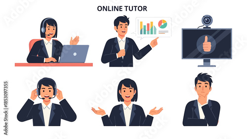 Online Tutor Set Professionals teaching remotely with laptops, charts, and communication devices