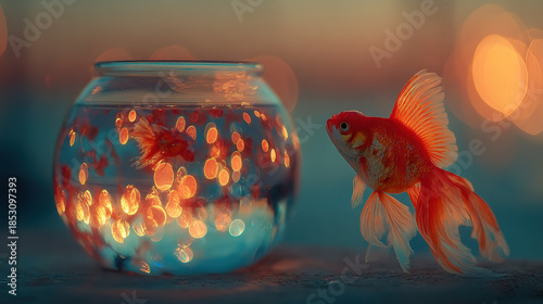 Fish swimming near a glowing, bokeh-lit fishbowl in a dim environment.