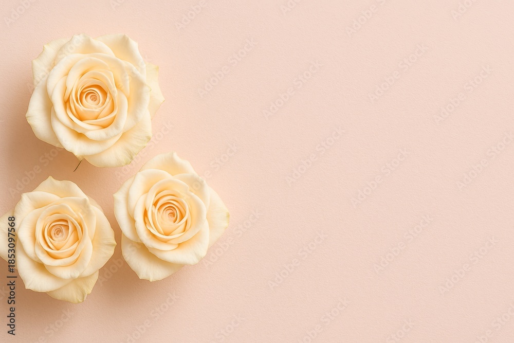 Fototapeta premium Cream roses on soft pastel background with copy space. Elegant floral composition for wedding, romance, branding, design use.