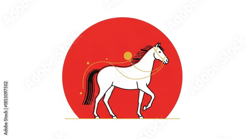 White horse with black mane and tail standing in front of large red circle with yellow lines