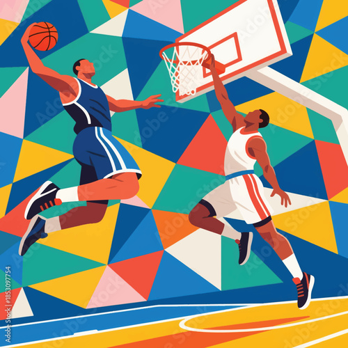 Illustration Of A Basketball Player Doing A Floating Slam Dunk Vector Design Template