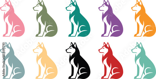 Collection of sitting husky dog silhouettes in various colors, Husky dog sitting silhouettes in multiple colors
