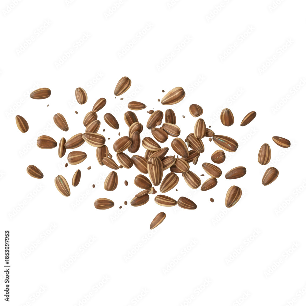 Obraz premium A pile of brown flax seeds scattered on a white surface background isolated on transparent background