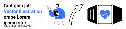 Health monitoring, wearable devices, healthcare innovation, fitness tracking, telemedicine, digital health. Cartoon doctor pointing towards a smartwatch with a heart symbol. Health monitoring