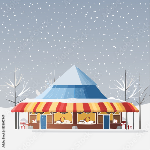 Winter Food Stall with Snowfall Street Market Illustration