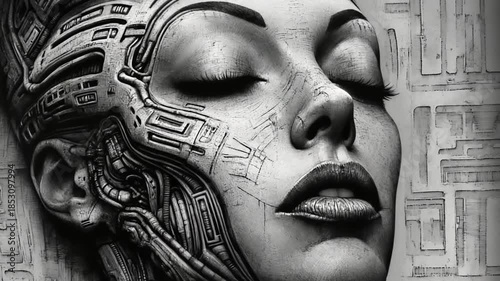 Hyper-realistic black and white close-up of a female face with intricate biomechanical cybernetic enhancements.