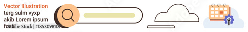 Data management, search functionality, cloud services, technology, productivity, organization. Search bar next to icons of a cloud and a calendar. Search functionality and data management concept