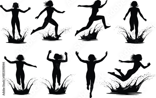 Black and White Silhouette Set of Women Jumping, Running, and Splashing in Water, Symbolizing Freedom, Energy, and Movement.