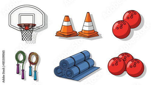 Illustrative vector set of sports and recreation gear basketball hoops, bowling balls, jump ropes, and fitness mats for active designs