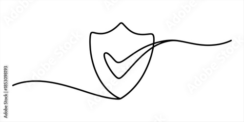 Protection concept: shield and check mark drawn with a single continuous line. Vector, illustration