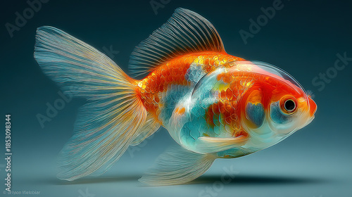 colorful goldfish with transparent fins swimming against a dark background.