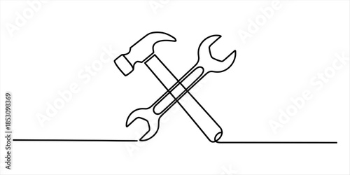 Continuous single line drawing of crossed hammer and wrench symbolizing repair work Vector, illustration