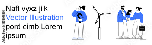 Sustainability, teamwork, renewable energy, business negotiations, innovation, professional collaboration. A wind turbine and two groups of people interacting. Renewable energy and teamwork concepts