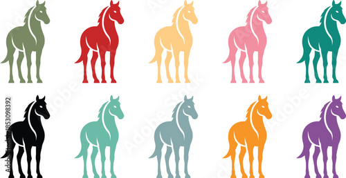 Collection of stylized horses in various colors animal set, Decorative equine silhouette icons multicolor