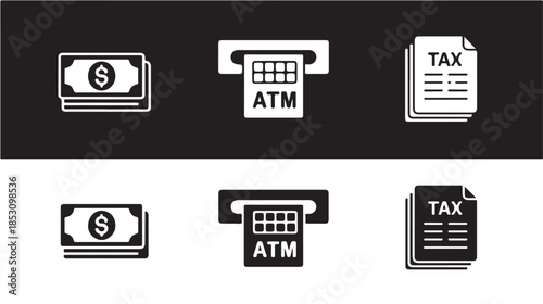 Financial icons set in simple flat design with black and white color scheme on contrasting background for web and mobile application