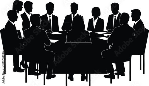 Black silhouette of a large group of business professionals sitting around a circular table during a serious corporate board meeting or strategic discussion.