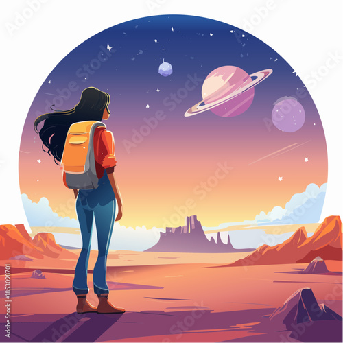 Traveler with Backpack Watching Ringed Planet Fantasy Landscape